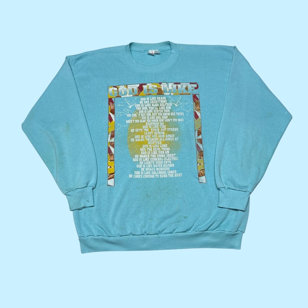 Vintage Tee Jays God Is Like Graphic Sweatshirt XL Turquoise Blue 90s Mens